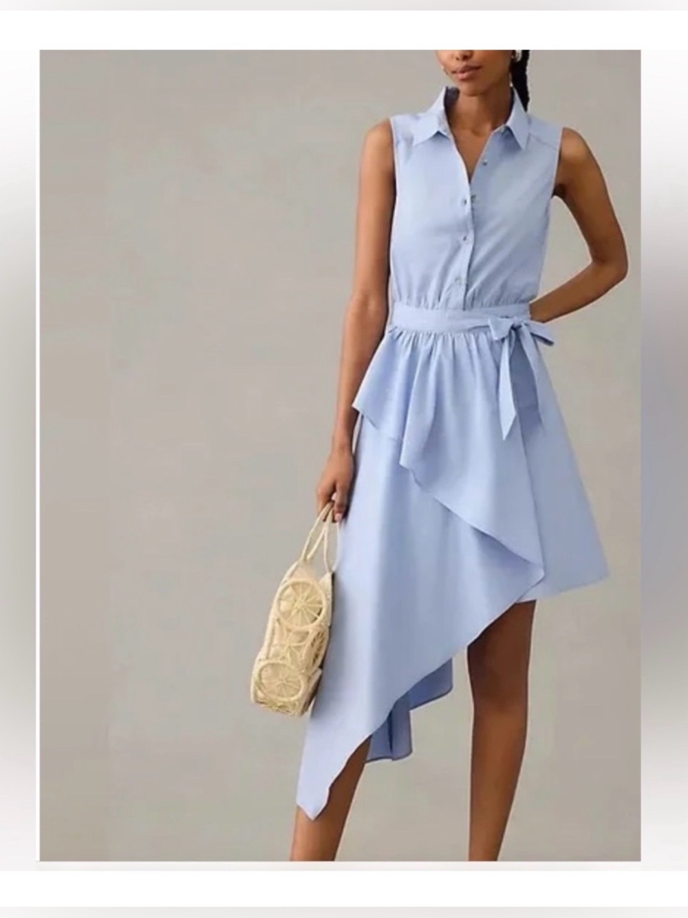 Anthropologie Pale Blue Sleeveless Midi Shirt Dress with Tie